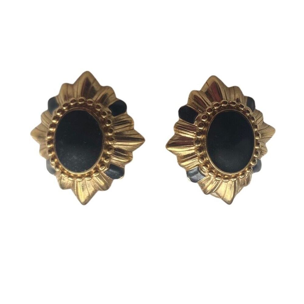 Vintage Large Gold Tone Earrings Black Oval Sunburst Stud Art Deco Pierced Glam